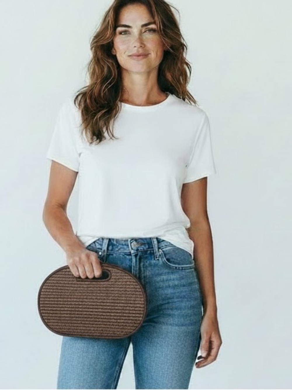 Woven Basket Clutch Handbag in Mahogany Brown